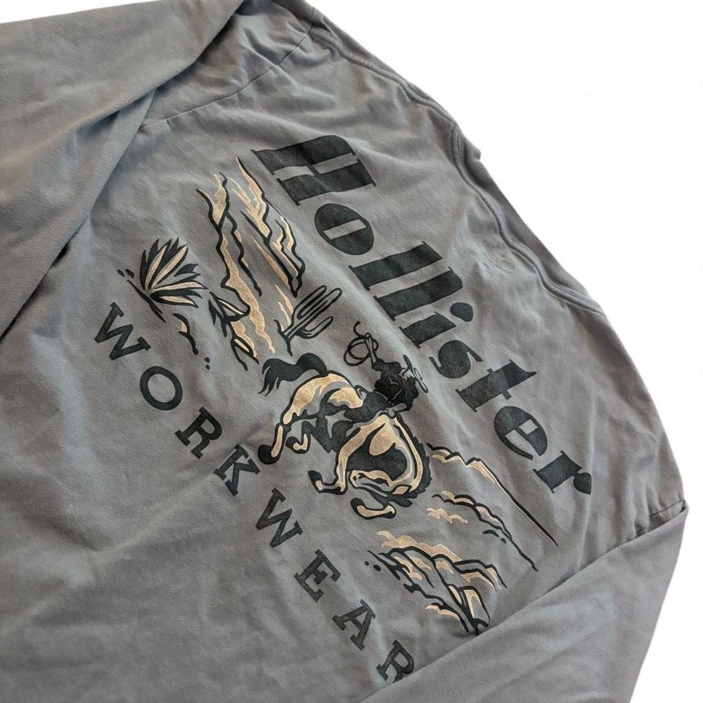 Hollister Workwear Mens Vintage Blue Long Sleeve Graphic T-Shirt Medium Cowboy